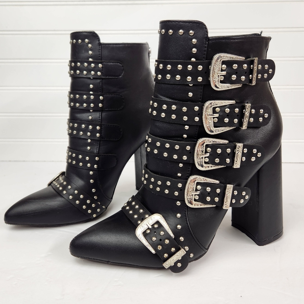 WILD DIVA LEATHER STUDDED BUCKLE UP BOOTS - POINTED TOE. Size 6.5